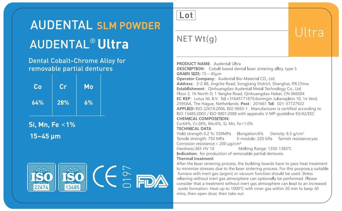 Audental Ultra SLM Pulver CoCrMo Material für CE FDA IdentAlloy Zertifiziertes Dental 3D Metalldruckwerk